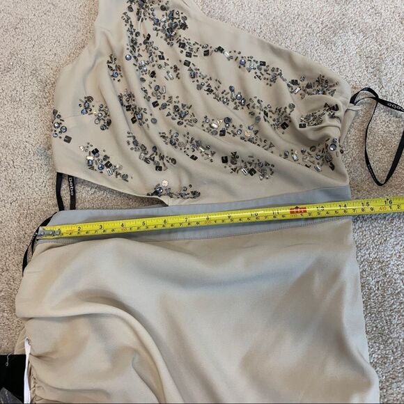 BEBE beige hand beaded one shoulder cutout ruched mini dress Sz M NWT 🔥 - Picture 11 of 13